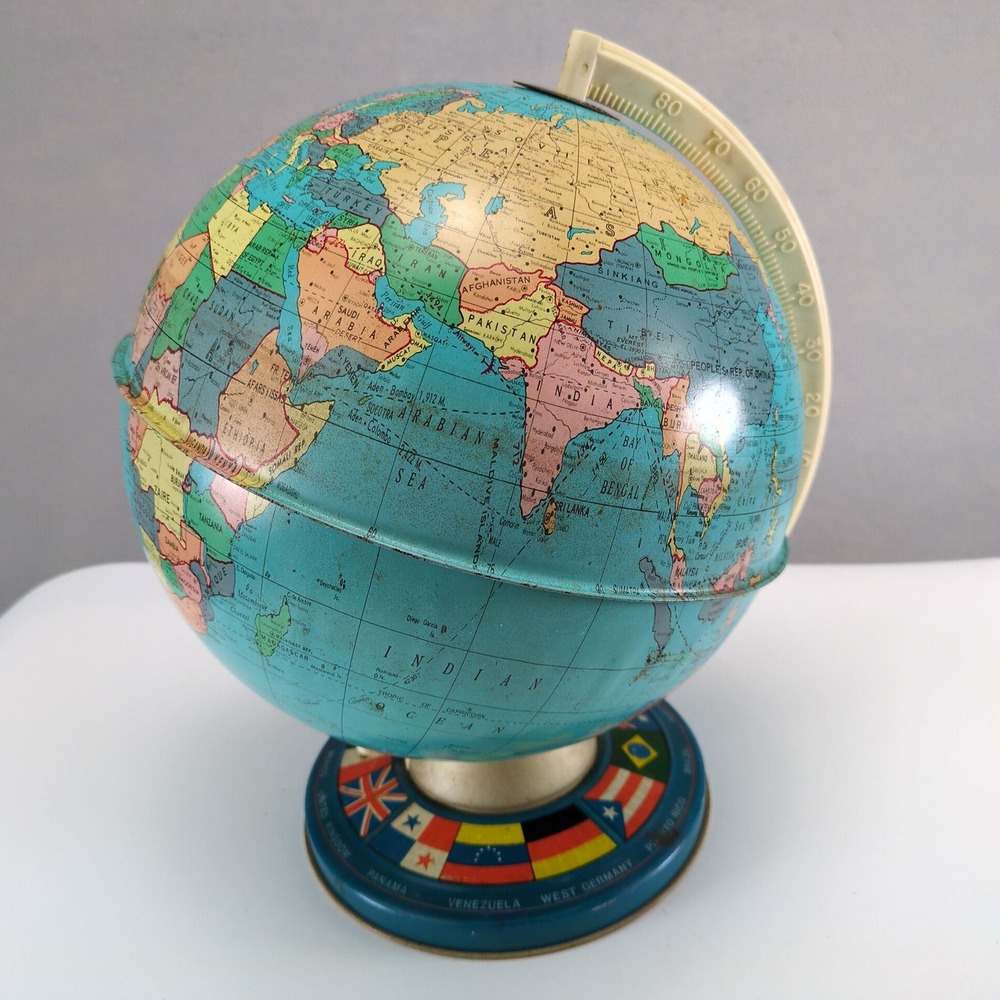 Vintage 1970s Ohio Art 9" Tin Litho World Globe Airline Routes Flight Miles